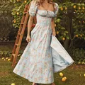 Elegant light blue floral maxi dress with square neckline and puff sleeves. - S / Top And Bottom / Blue Floral