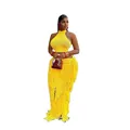 Detailed macro view of vibrant yellow knit halter crop top and long fringe skirt beach set - S / Top And Bottom / Yellow