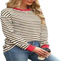 Detail shot of long-sleeved striped top featuring brown stripes and bold red ribbed cuffs - Brown