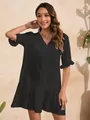 Loose fit solid black V-neck ruffle sleeve beach cover-up dress with front button accents - S / Black