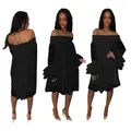 Detail view of black polka dot off-shoulder dress showing front, side, and back angles - S / Top And Bottom / Black