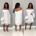 White off-the-shoulder mini dress featuring polka dot jacquard and tiered ruffled sleeves - White