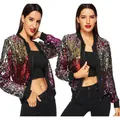 Primer plano de chaqueta bomber de lentejuelas multicolores con ribetes negros de canalé - S / Tops / Multicolor