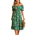 Elegant green floral square neck smocked waist ruffled A-line midi dress for women - S / Top And Bottom / Green Floral