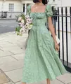 Elegant light green square neck floral dress featuring puff sleeves and a lace-up detail - Light Green