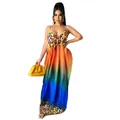 Detail view of a casual leopard and ombre print maxi dress with thin spaghetti straps. - Leopard Print