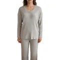 Grey ribbed V-neck long-sleeve two-piece lounge set for women, casual autumn style - S / Top And Bottom / Brown