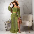 Detailed macro view of stylish green crochet fringe beach set featuring mesh hollow-out design - Light Army Green