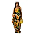 Detail showing the full silhouette of a loose cotton maxi dress with sunflower print - Sunflower Print