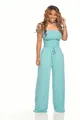 Combinaison bustier turquoise élégante avec haut smocké et lien à la taille. - Bleu ciel