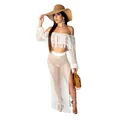 Full detail view of women's white hollow out crochet mesh beach set with fringe - S / Top And Bottom / White