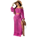 Vibrant pink crochet two-piece beach set featuring off-shoulder tassel top and slit skirt. - S / Top And Bottom / Pink