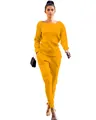 Chic women's mustard yellow knitted 2-piece casual loungewear outfit set shown on model - S / Top And Bottom / Earthy Yellow