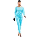 Women's light blue casual knit two-piece set with long-sleeved top and matching pants - Sky Blue