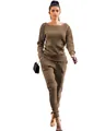 Women's chic brown ribbed knitted two-piece outfit for urban casual autumn wear - Dark Khaki