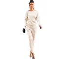 Full body view of a woman wearing a beige ribbed knit two-piece set on white background - Apricot