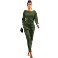Detailed view showing the ribbed texture and fit of the olive green knitted two-piece set - S / Top And Bottom / Army Green