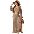 Stylish beige mesh fringe beach set featuring off-the-shoulder top and high slit skirt. - S / Top And Bottom / Khaki