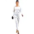 Full view of light gray ribbed knit tracksuit set on model with white background - White