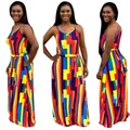 Casual rainbow geometric print cotton maxi dress with spaghetti straps and belt - S / Colorful Square Print