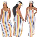 Three views of a colorful vertical striped maxi dress with a matching headwrap set for women - Rainbow Stripe