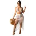 White knit mesh two-piece beachwear set with tassel fringe skirt and halter top set. - S / Top And Bottom / White