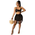 Close-up view of a chic black crochet mesh bikini two-piece set with stylish tassel trim - Black