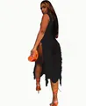 Back view showing side slit and delicate fringe detail of black beach dress for women - S / Tops / Black