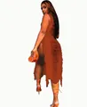 Detailed back view of a burnt orange fringe beach dress with side slits and tassels. - S / Tops / Orange