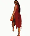 Detailed view of the red fringe tassels and high slit on a sexy women's beach dress. - S / Tops / Red