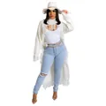 Detail shot of white long knit sweater with decorative fringe and cut-out front design - S / Tops / White
