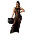 Detailed macro view of black sheer knit fabric on sexy beach maxi dress for women - Black