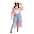 Full-length view of a women's long pink fringe cardigan styled with denim jeans. - S / Tops / Pink