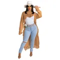 Detail of camel long-line distressed knit sweater with fringe hem and ripped accents. - S / Tops / Apricot