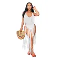 Detailed view of white crochet swimsuit with long fringes on a fashion model posing - S / Top And Bottom / White