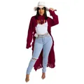 Detailed full-length view of a stylish burgundy long fringe sweater for women fashion - Burgundy