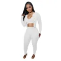 Detail view of stylish white three-piece knitted set featuring cardigan and ribbed texture - S / Top And Bottom / White