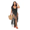 Close-up of black hollow-out knit monokini featuring dramatic long tassels for vacation. - S / Top And Bottom / Black