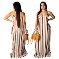 Detail view of casual loose striped cotton slip maxi dress with front and back views. - Classic Small Stripe