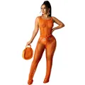 Sexy orange knit hollow-out jumpsuit for women beachwear fashion detail view model - S / Top And Bottom / Orange