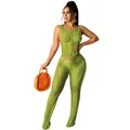 Close-up detail of sexy green knitted hollow-out jumpsuit for beach and summer party wear - S / Top And Bottom / Green