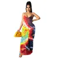 Close-up view of a vibrant colorful tie-dye pattern on a casual loose cotton maxi slip dress - Black Yellow Tie-Dye