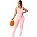 Sexy pink cutout knitted sleeveless jumpsuit for women beach vacation and leisure wear - S / Top And Bottom / Pink
