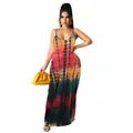 Detail view of a vibrant colorful tie-dye maxi slip dress for women on a model - Crocodile