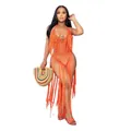 Detail view of vibrant orange crochet fringe bodysuit with multicolored straw bag - S / Top And Bottom / Orange