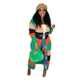 Full body model shot of a stylish multi-color striped long knit cardigan for women - S / Tops / Green Gradient