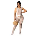 Full body view of a white knit shredded texture jumpsuit for sexy beach outings - S / Top And Bottom / White