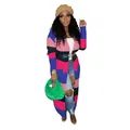 Full view of a casual color-block handmade knit long cardigan jacket on a model - S / Tops / Pastel