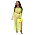 Vibrant neon yellow two-piece crochet beach set featuring a mesh crop top and tassel skirt - Fluorescent Green