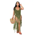 Close-up of green crochet one-piece swimsuit with long decorative fringe details - S / Top And Bottom / Army Green